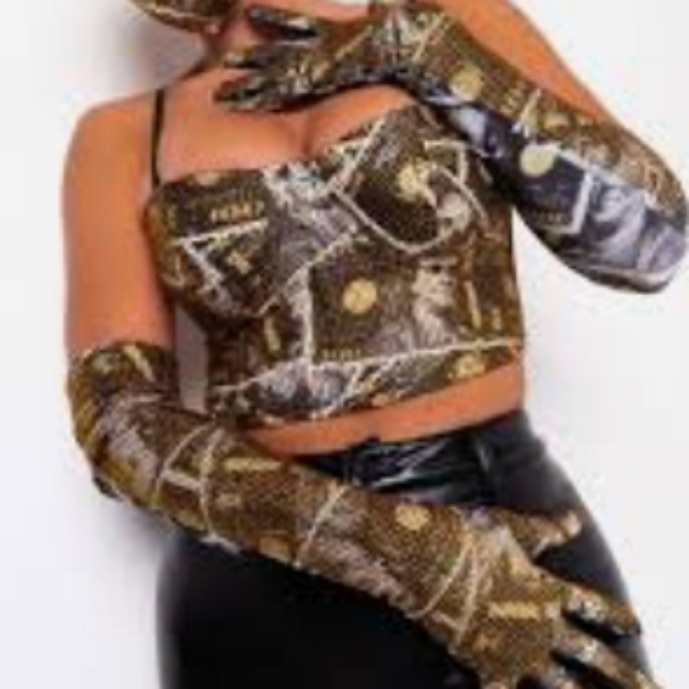Cash Rules Rhinestone Corset Top and Gloves